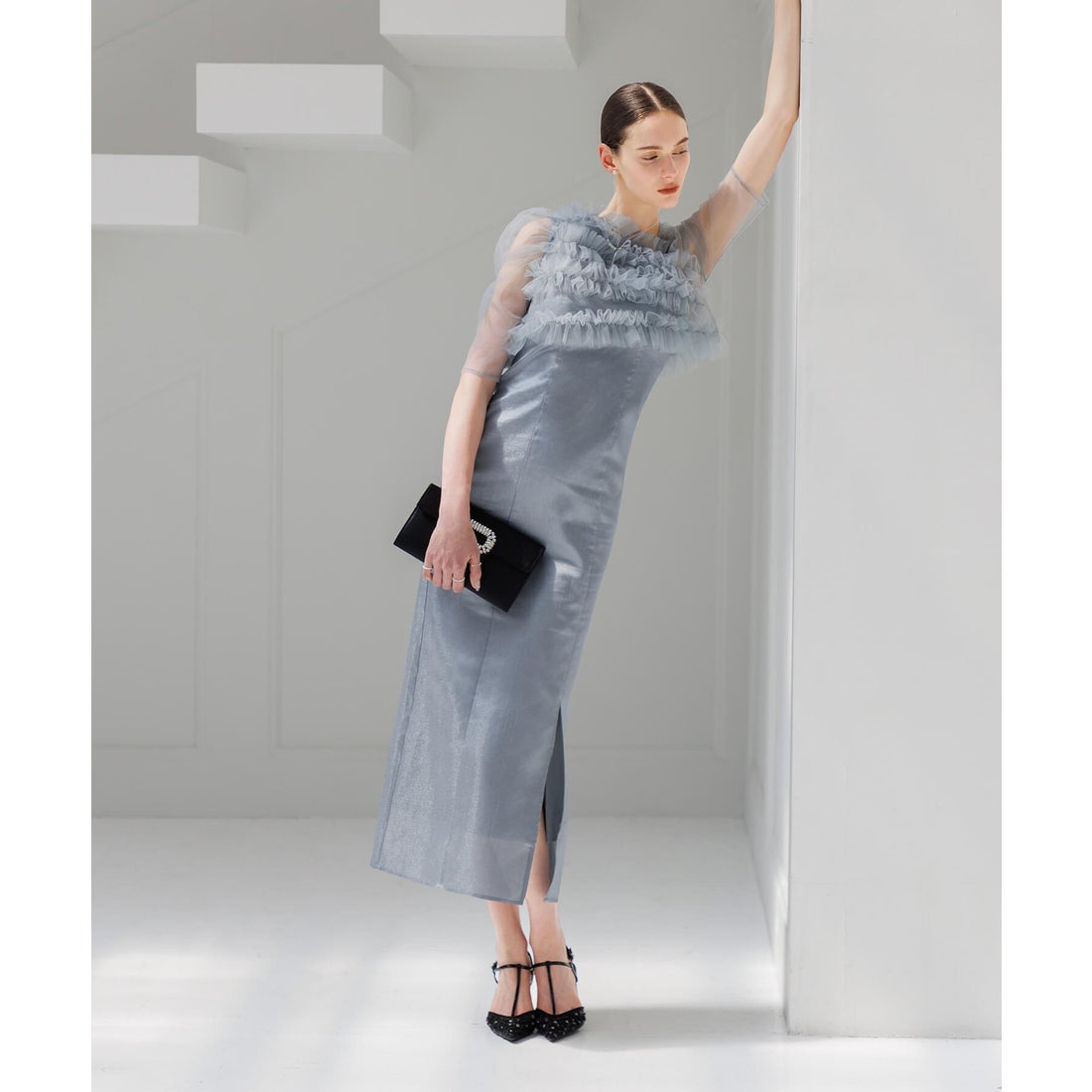 レジャ Leja チュールアシンメトリーティアードフリルIラインドレス2点