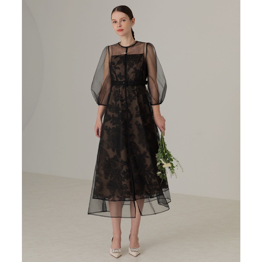 レジャ Leja チュールパイピングリーフベルトAラインドレスワンピース