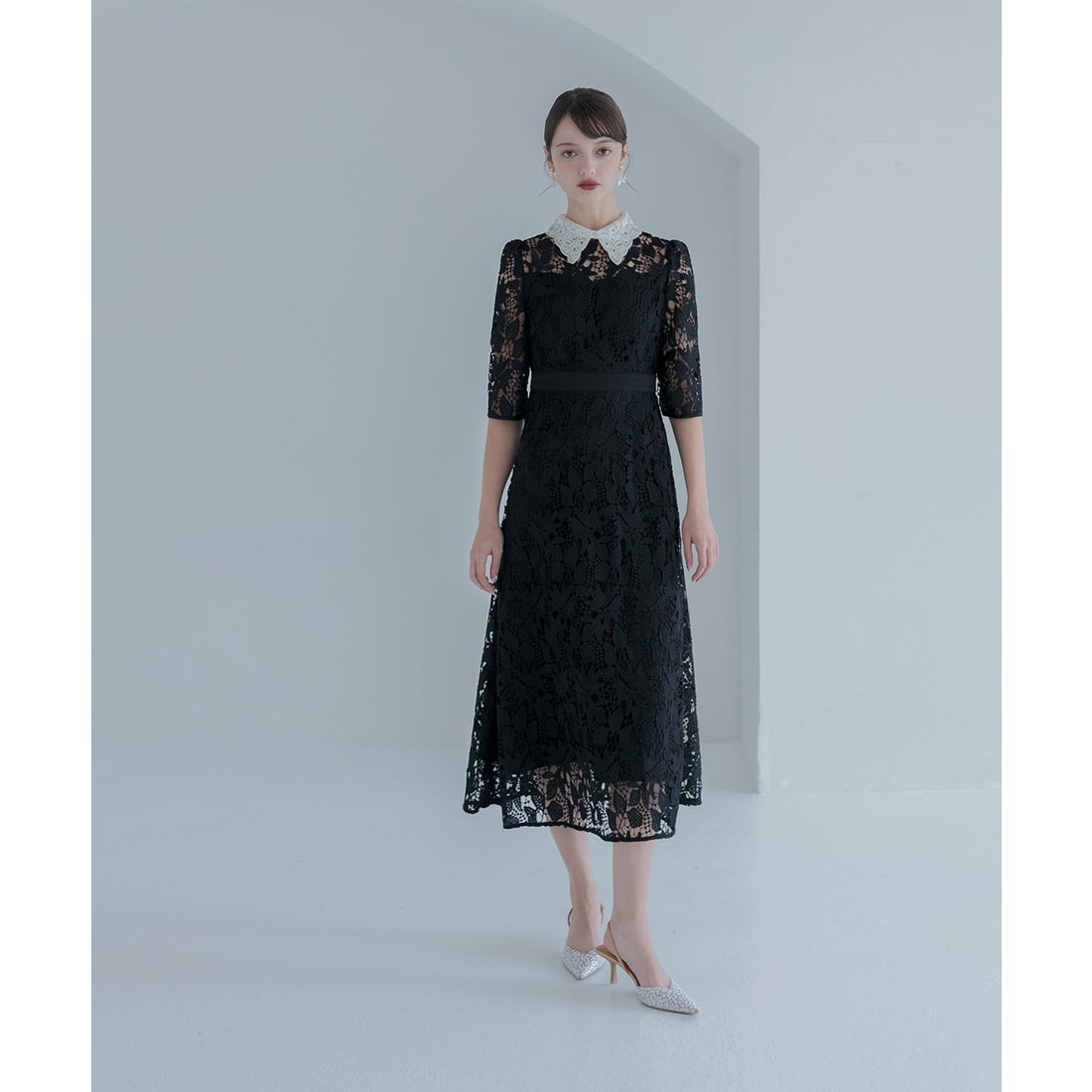 レジャ Leja 花柄レースビジューカラーAラインドレスワンピース美脚