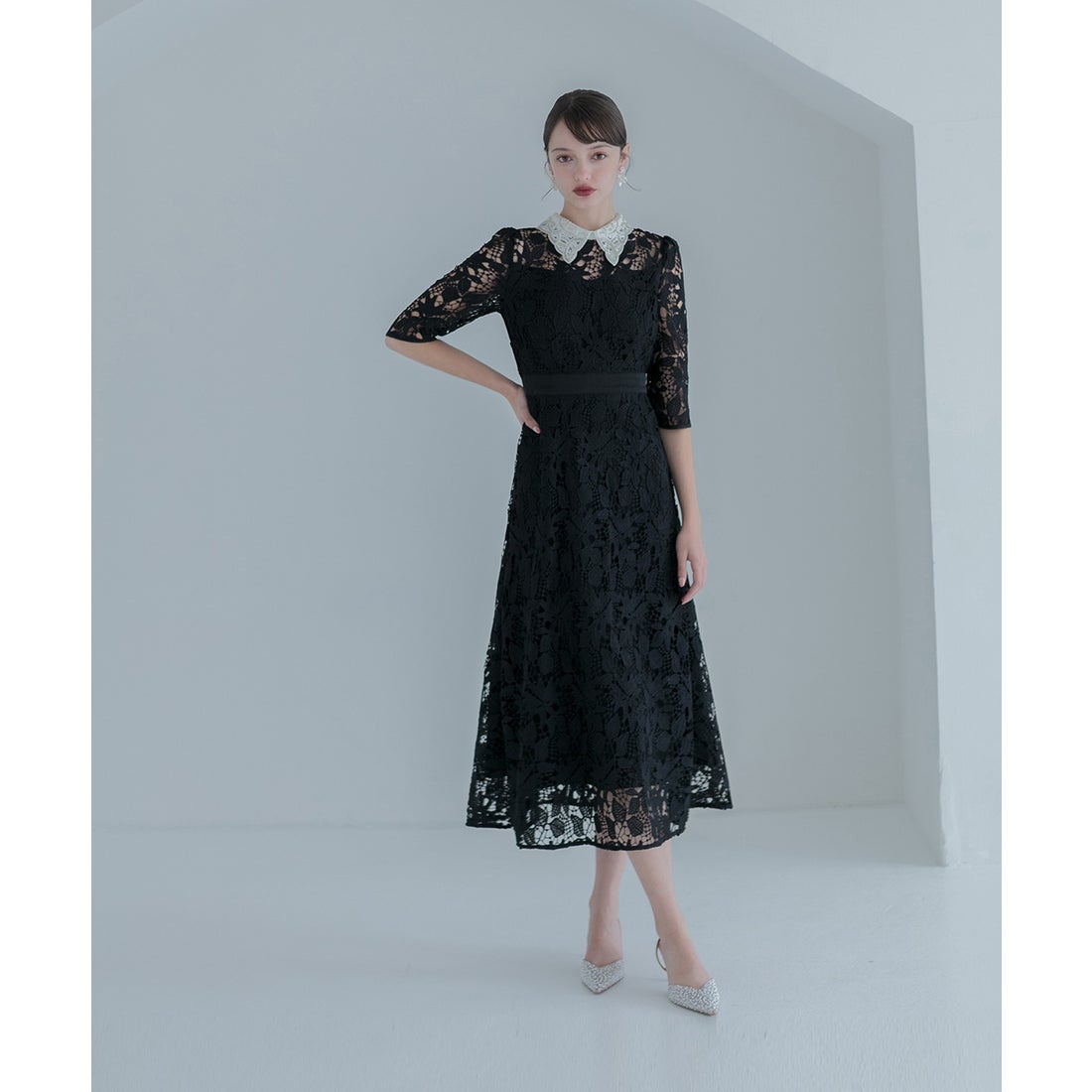 レジャ Leja 花柄レースビジューカラーAラインドレスワンピース美脚