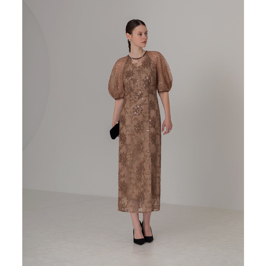 LEJAスパンコール刺繍レーススリーブIラインロングドレス レジャ Leja