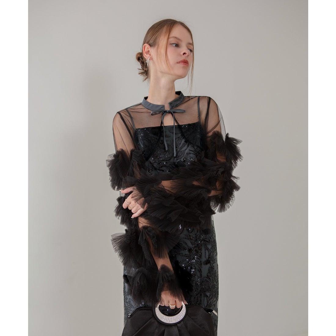 レジャ Leja フリルチュールスリーブリボンIラインワンピースドレス2点