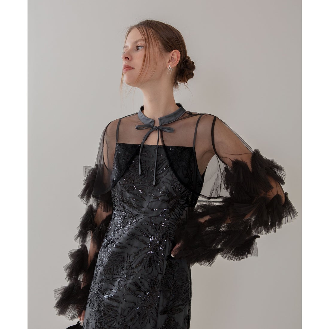 レジャ Leja フリルチュールスリーブリボンIラインワンピースドレス2点