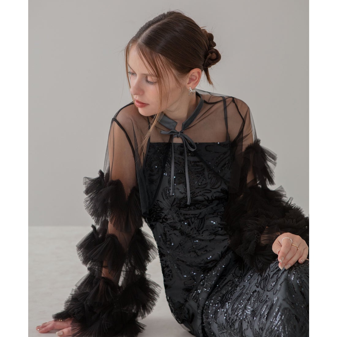 レジャ Leja フリルチュールスリーブリボンIラインワンピースドレス2点