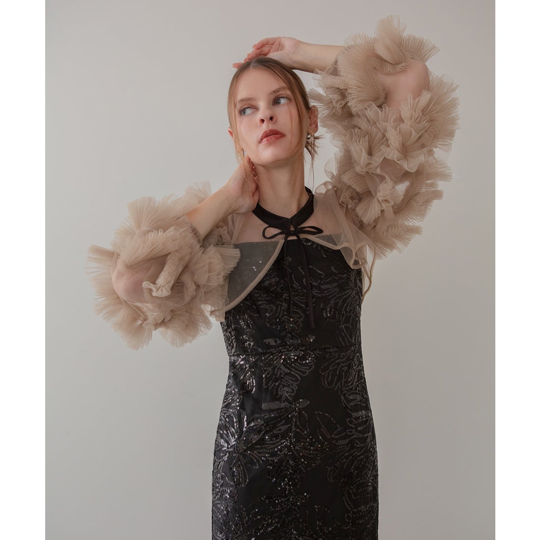 LEJAフリルチュールスリーブリボンIラインワンピースドレス2点セット