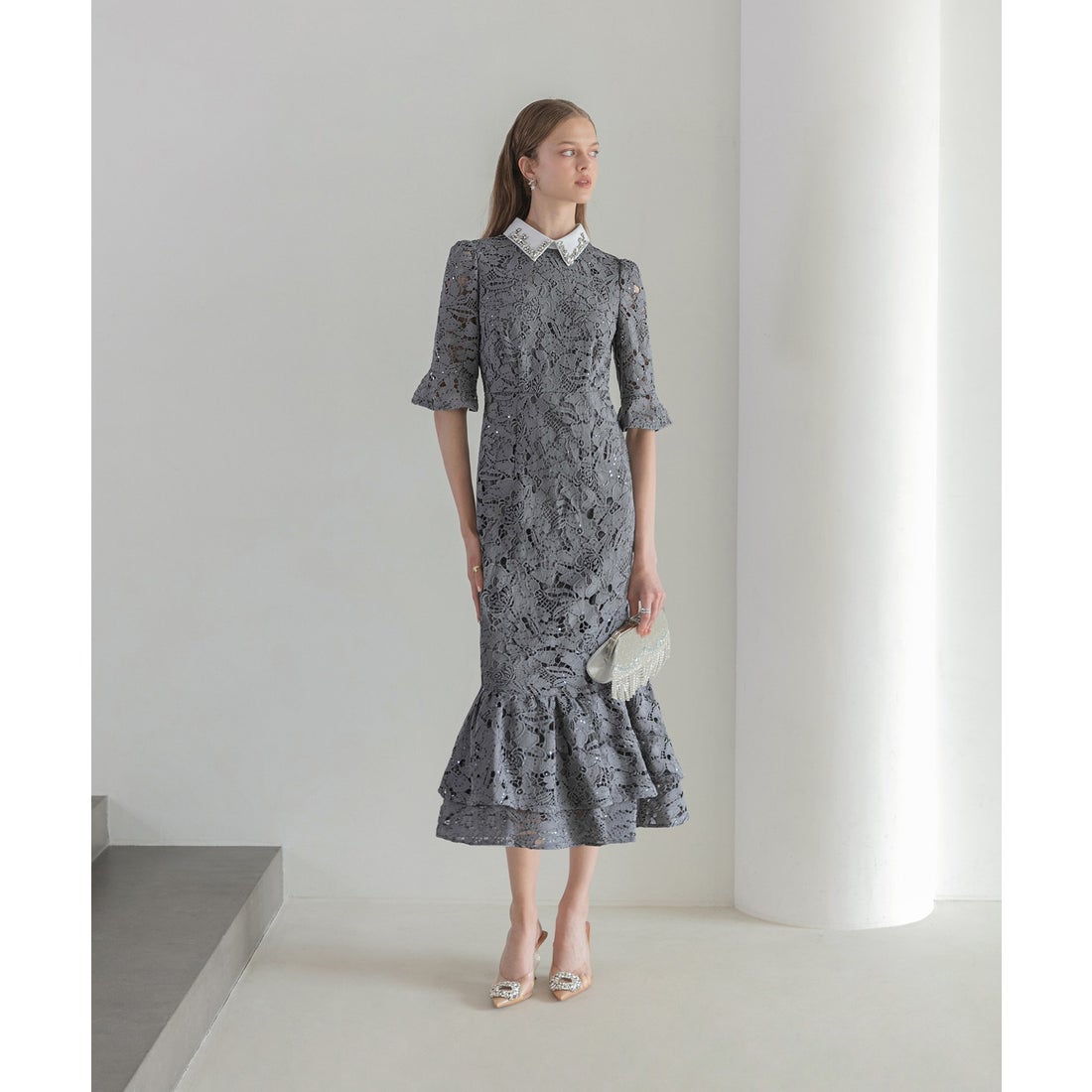 ドレス 「LEJA LUXE」ビジューホルターネックボタニカルマーメイド