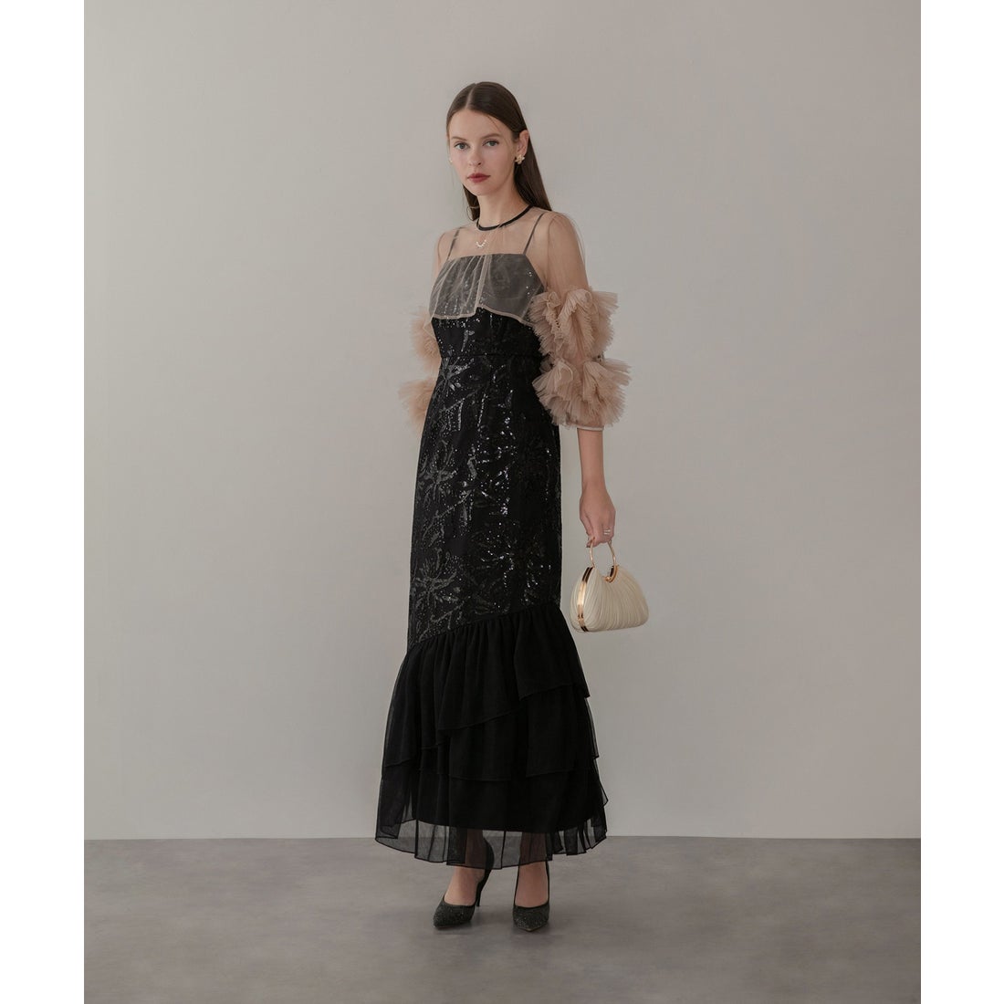 レジャ Leja フラワースパンコールチュールフリルスリーブIライン