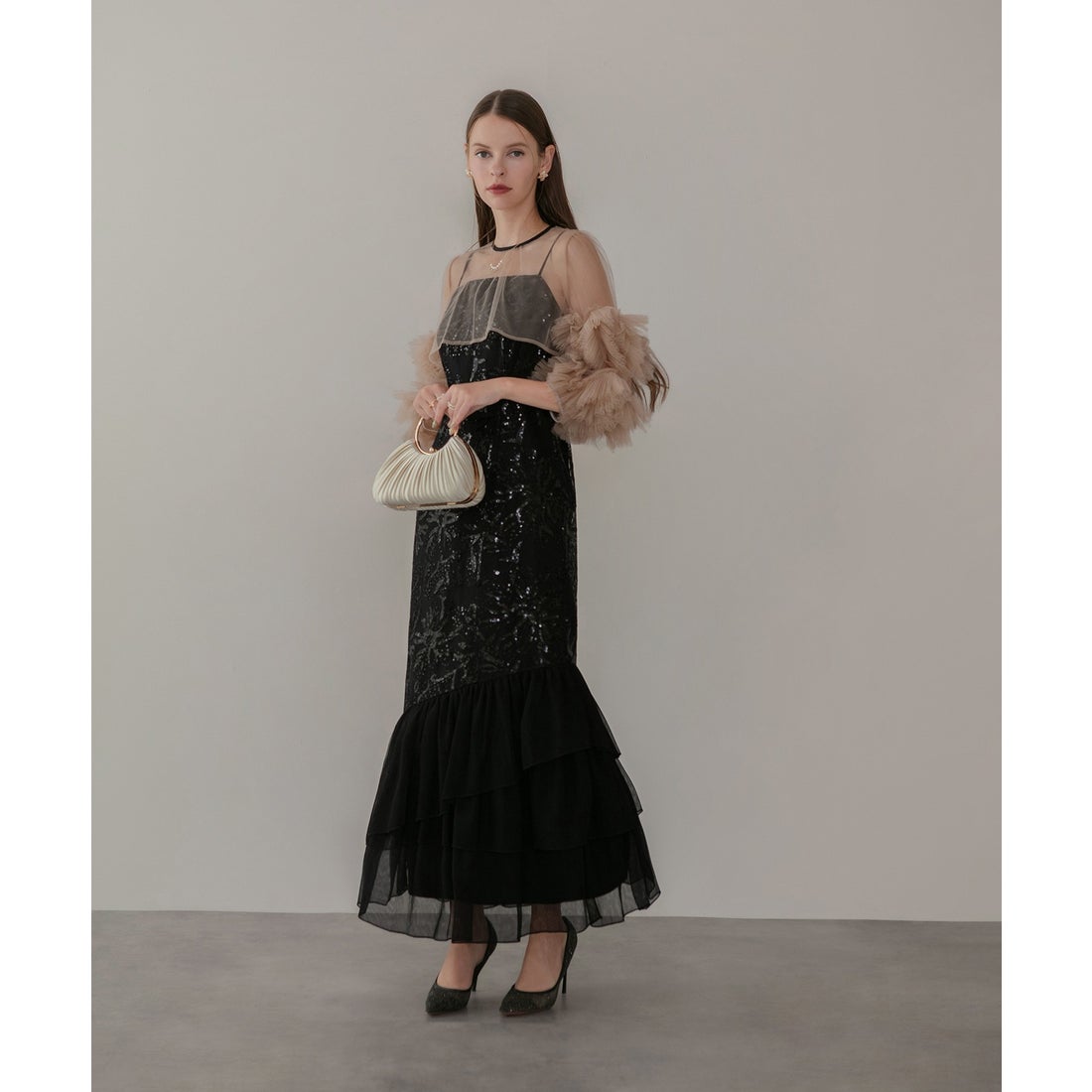 レジャ Leja フラワースパンコールチュールフリルスリーブIライン