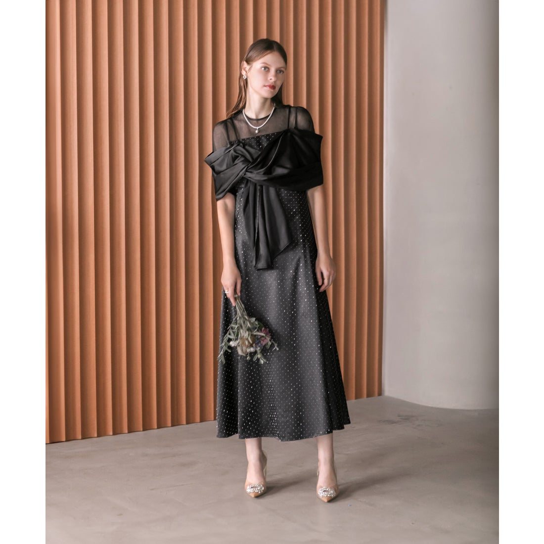 レジャ Leja 2WAYフロントリボンボレロストーンドット柄Aラインドレス