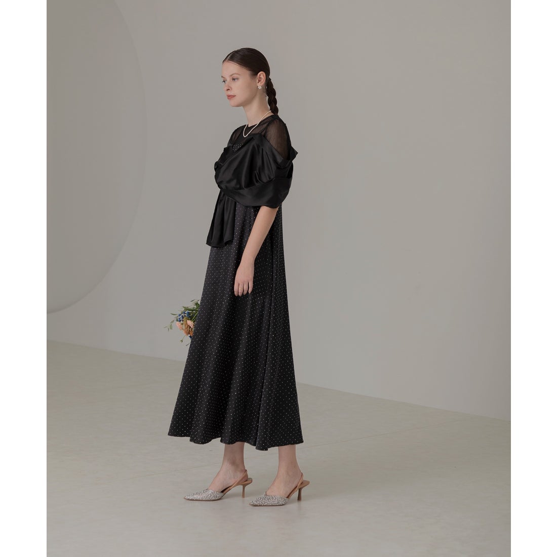 レジャ Leja 2WAYフロントリボンボレロストーンドット柄Aラインドレス