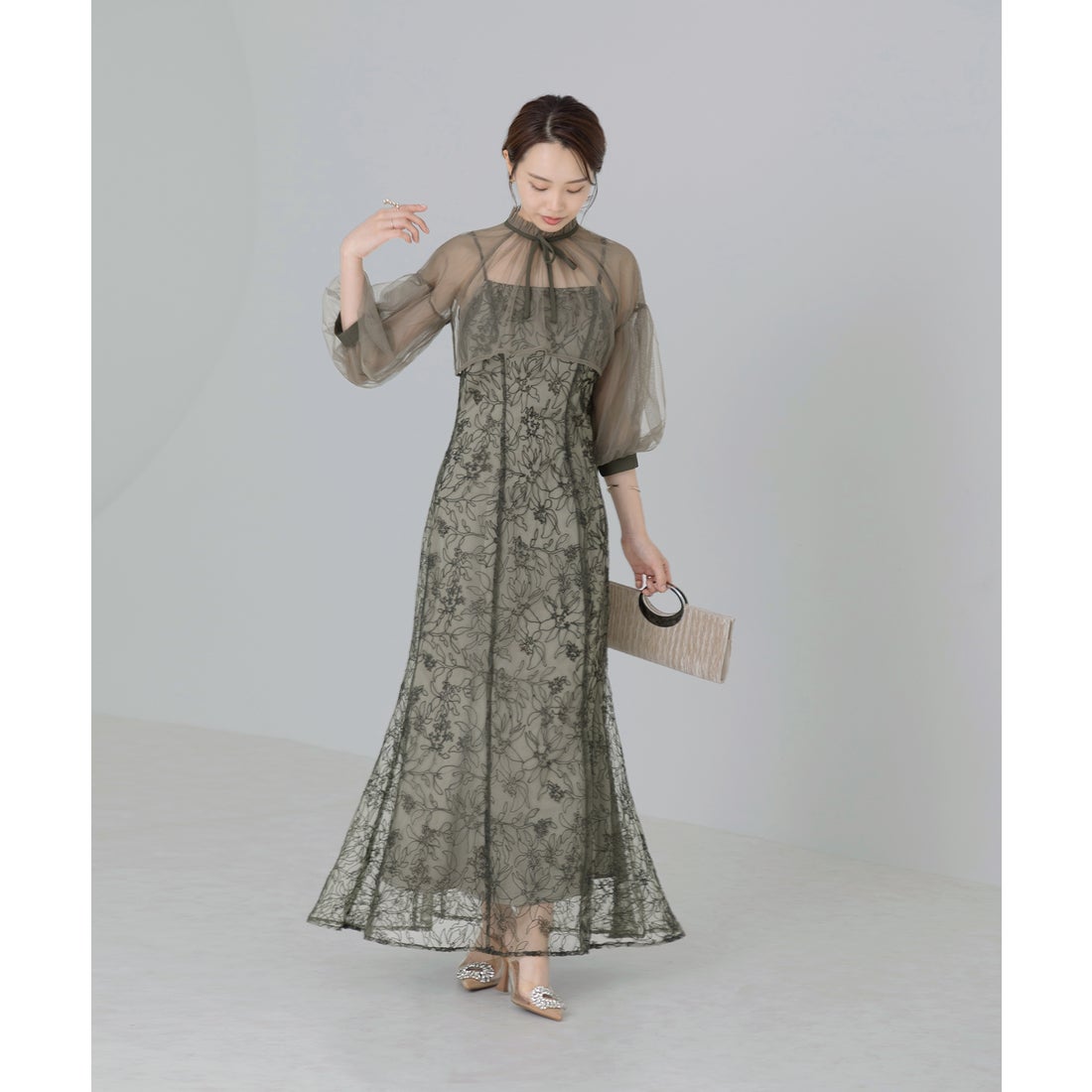 レジャ Leja リボン付きパフスリーブシアーボレロ刺繍レースマーメイド