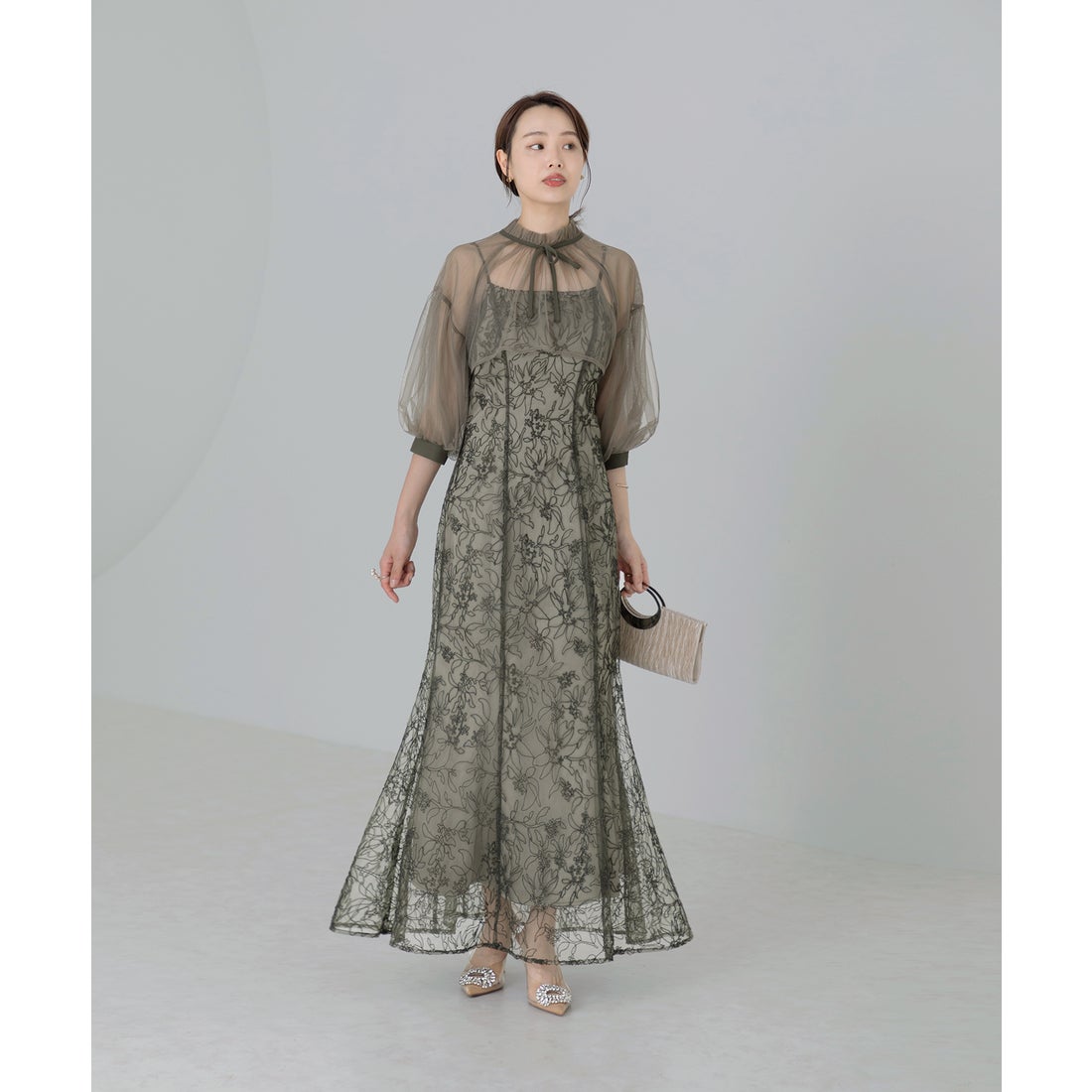 レジャ Leja リボン付きパフスリーブシアーボレロ刺繍レースマーメイド