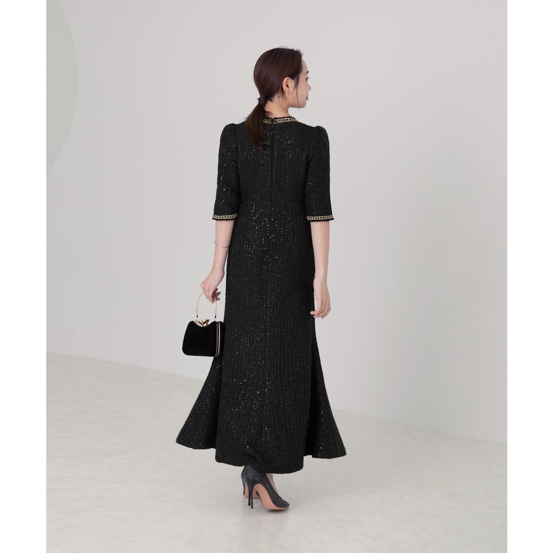 レジャ Leja ラメ混ツイードレザーパイピングパール釦スパンコール