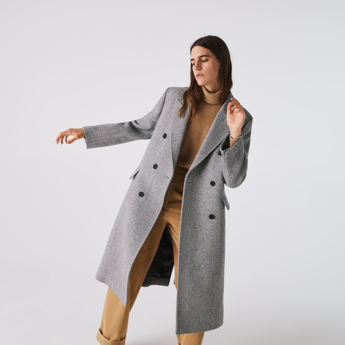 ラコステ LACOSTE ウールブレンドシェブロンロングコート （グレー