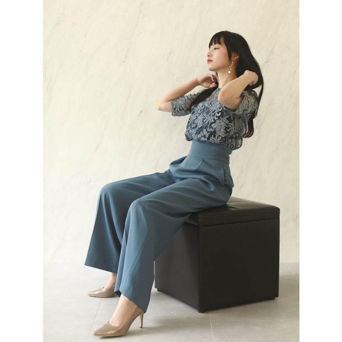 LAGUNAMOON LADY オーバーレースワイドパンツドレス（チャコールグレー