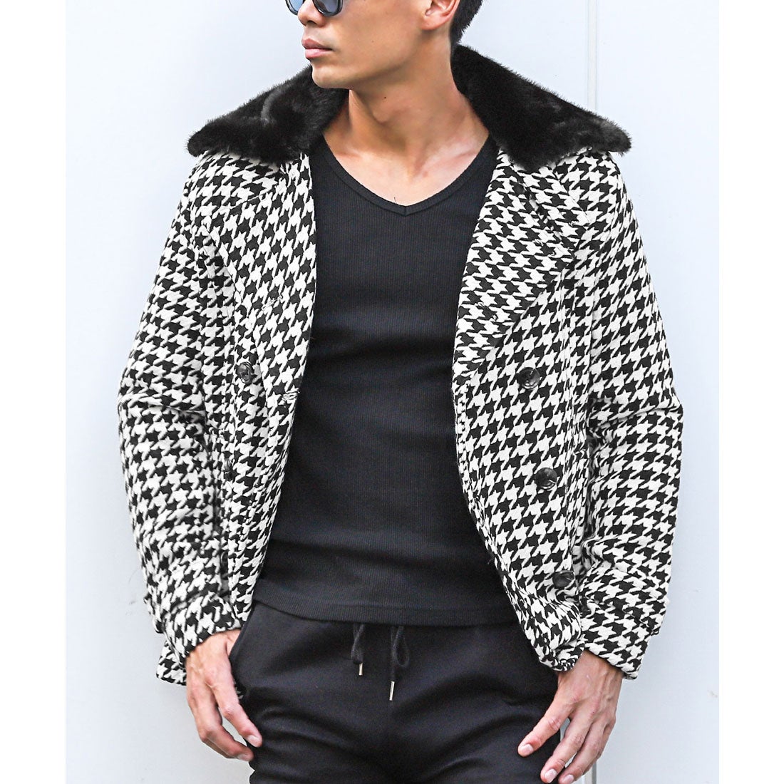 チェック柄ファー付きコート