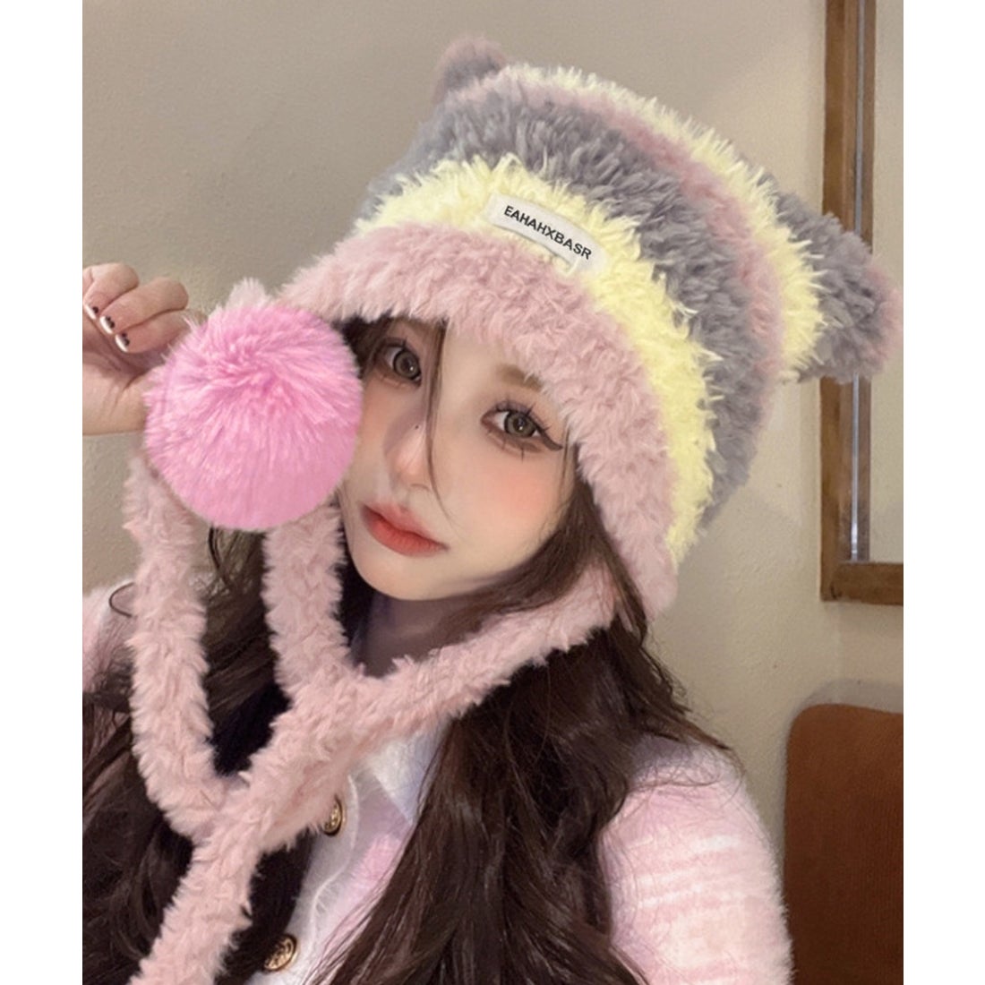 ショップニコニコ ShopNikoNiko ポンポン付き シャギーボーダー 猫耳