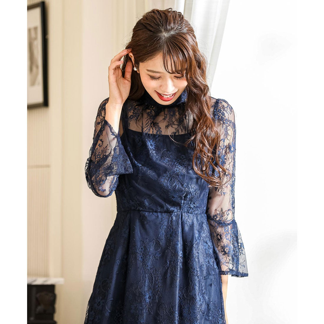 ニアナ niana 襟ボウタイレース 結婚式ワンピース パーティードレス