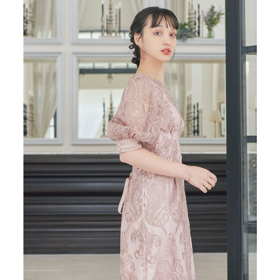 ニアナ niana 刺繍レース バックリボン タイトドレス （ローズピンク