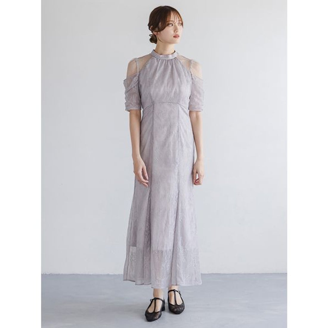 スナイデル SNIDEL シアーショルダーレースドレス （LGRY） -靴