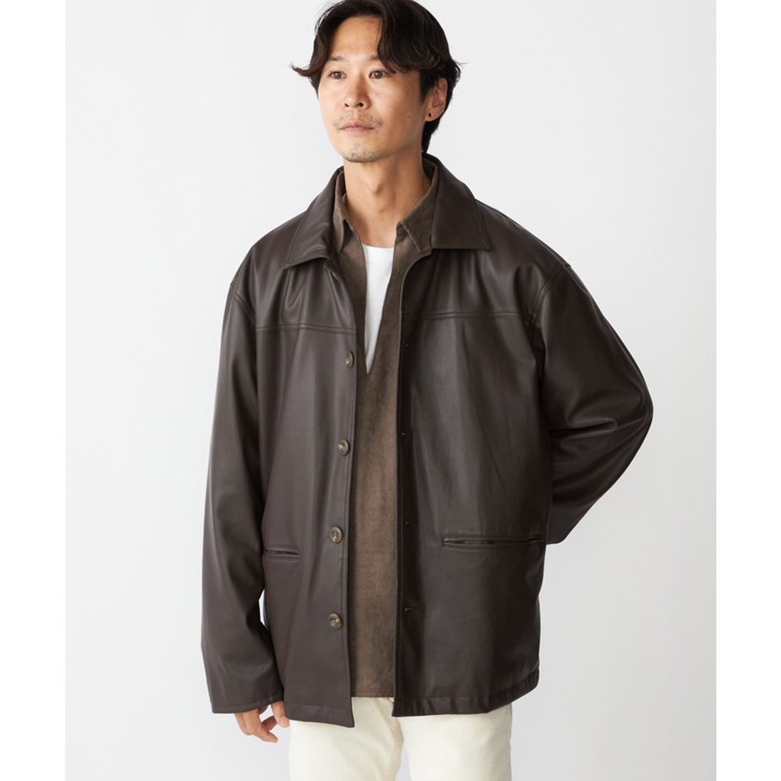 シップス SHIPS BENCH MARKING SHIRT: フェイクレザー カーコート