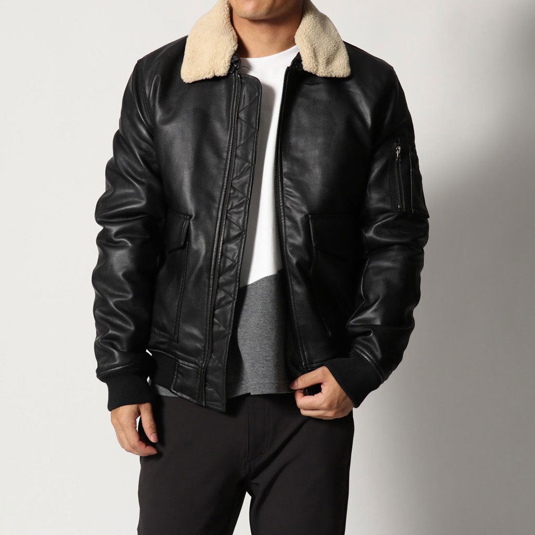 スタイルブロック STYLEBLOCK PUレザーG-1タイプ襟ボア脱着式ボマー