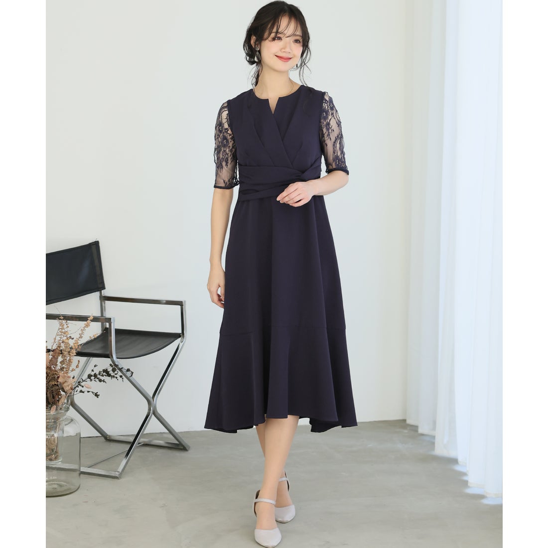 プールヴー PourVous 結婚式ワンピースドレスマーメイドレースミモレ丈