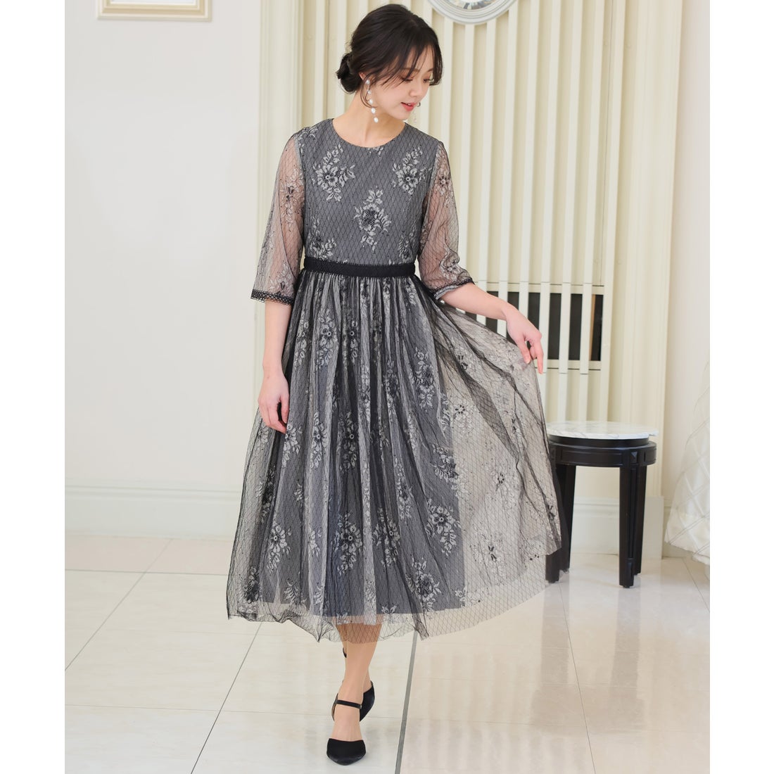 プールヴー PourVous レース＆ブラックチュールドレス ロングスカート