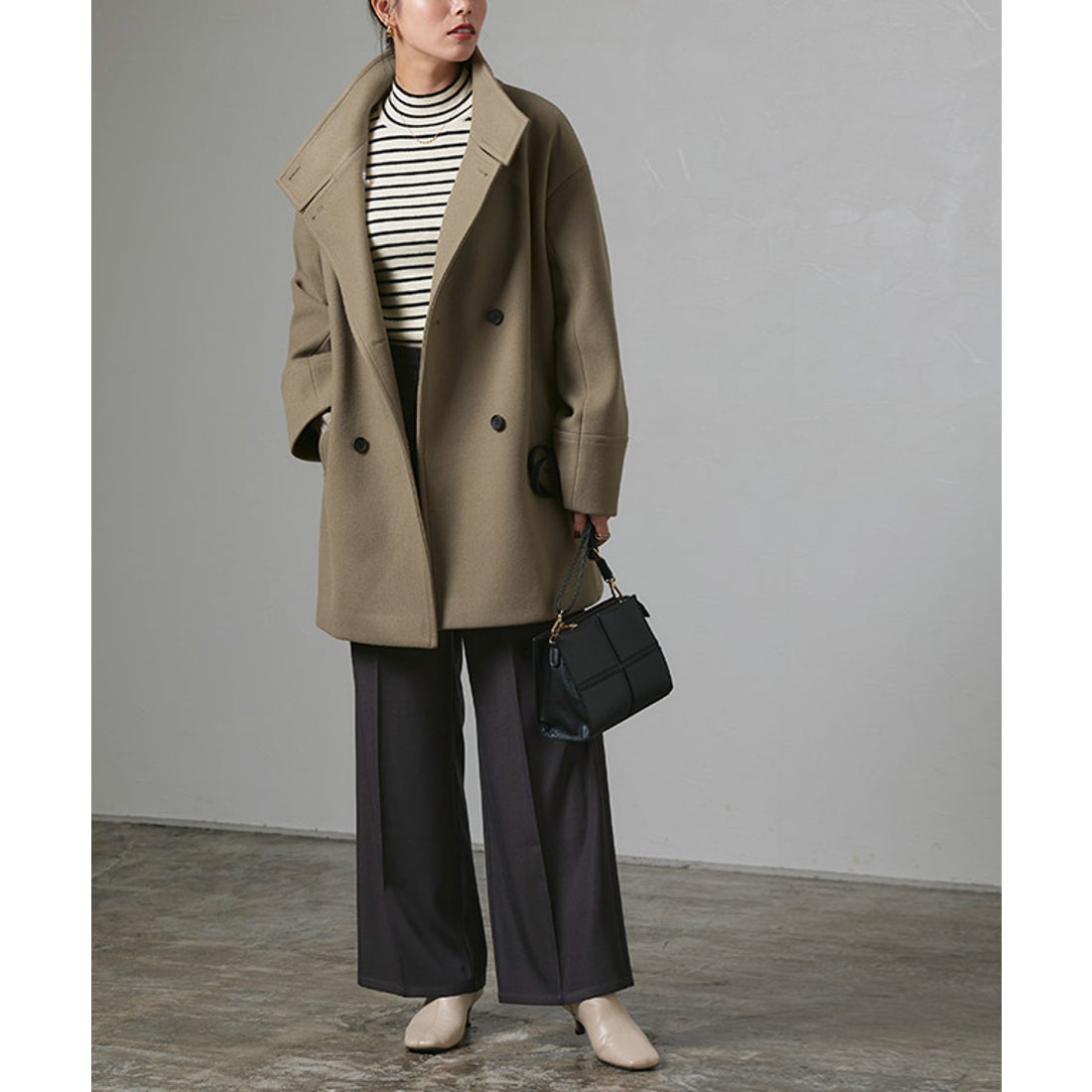 Pierrot スタンドカラーミドルコート （キャメル） -ファッション通販