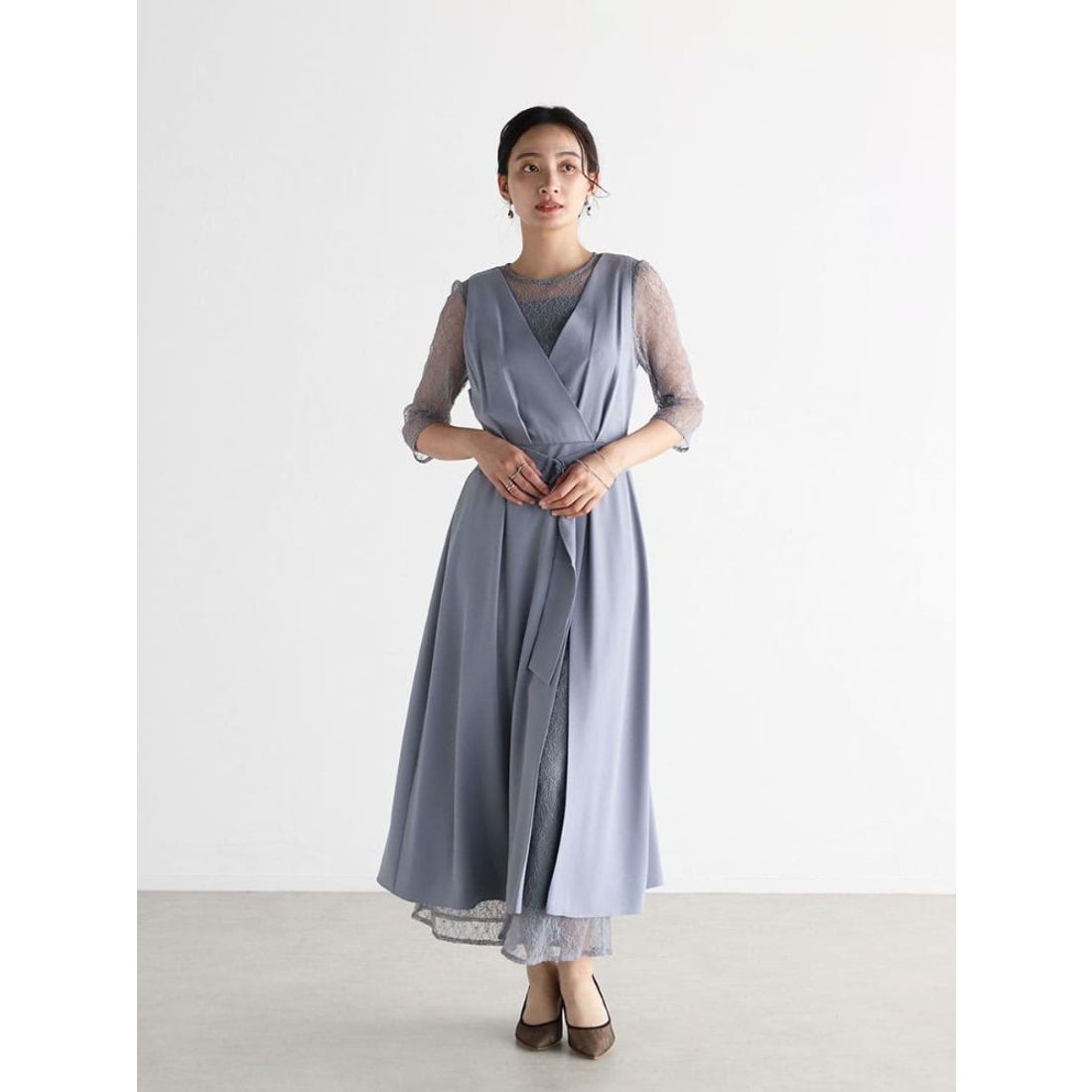 リルフェテ Rire Fete ウエストベルトレースレイヤードドレス （ブルー