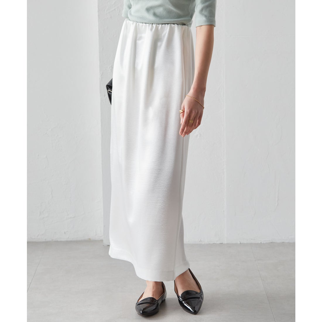 ラナン RANAN シャイニーサテンナロースカート （ホワイト） -靴