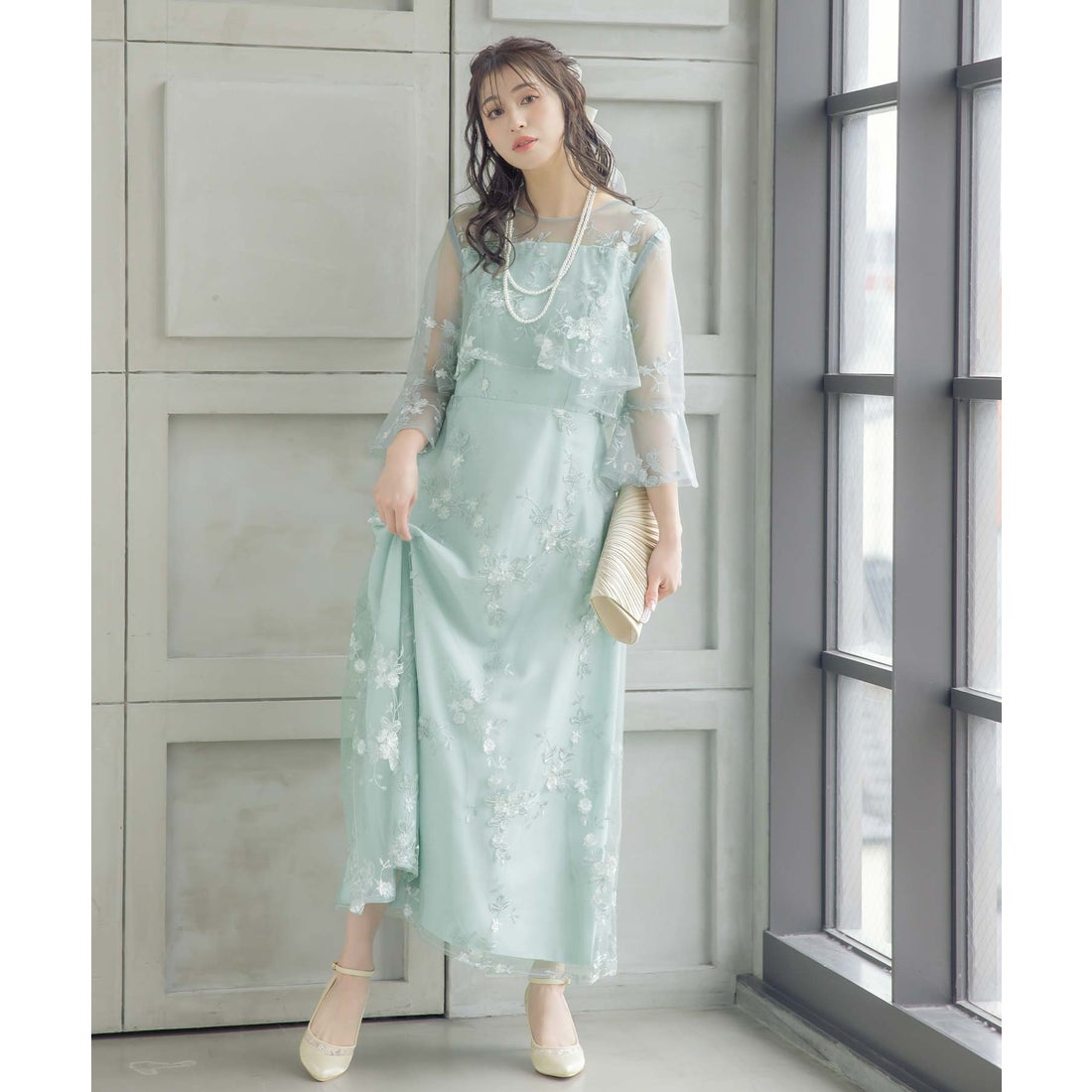 レティカ Retica パーティードレス シースルー 七分袖 花柄 刺繍