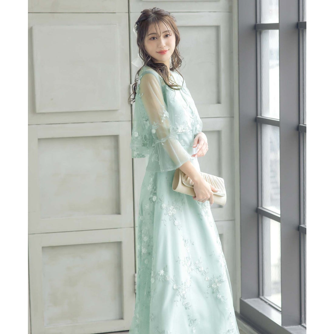 レティカ Retica パーティードレス シースルー 七分袖 花柄 刺繍