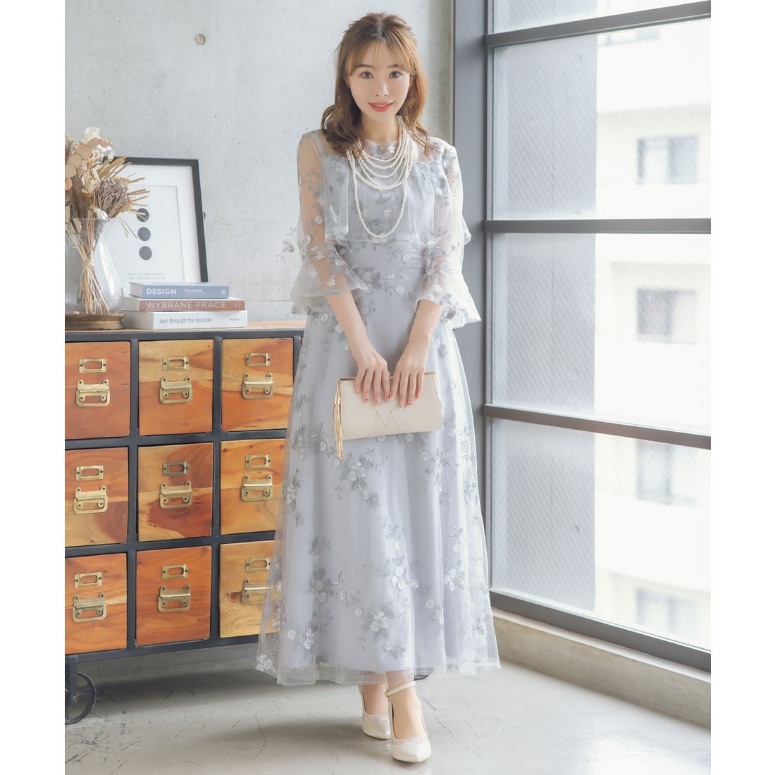 レティカ Retica パーティードレス シースルー 七分袖 花柄 刺繍