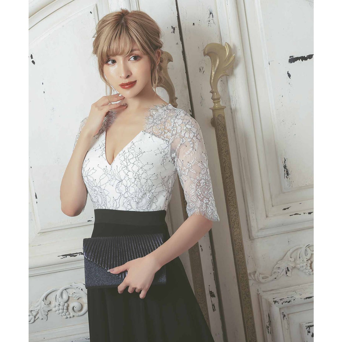 ティカ Tika キャバドレス クラシカルフラワーレース袖ありAライン