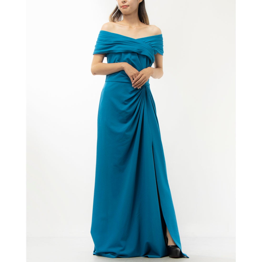タダシショージ グラデーションブルー オフショルダー ロングドレス