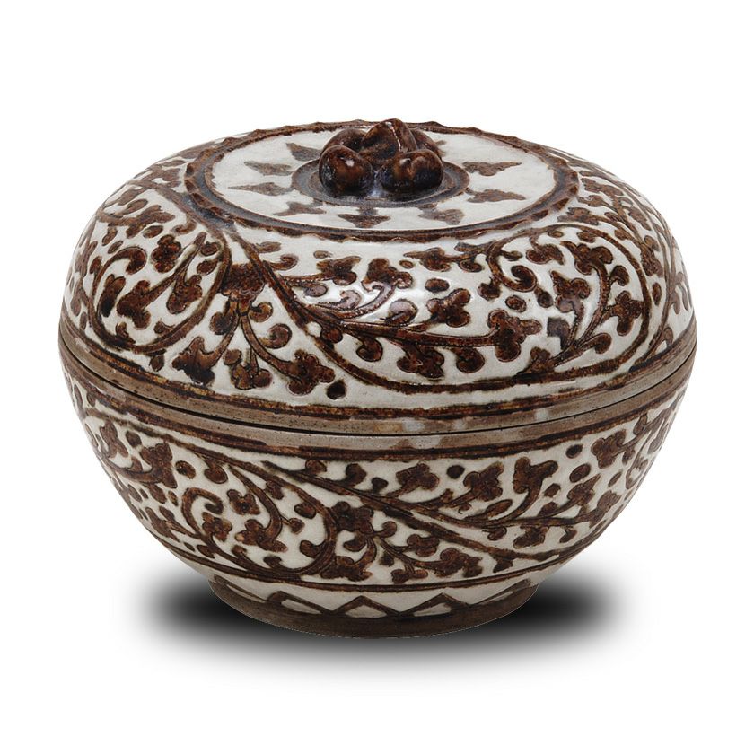 中国　北宋時代影青香合　牡丹紋　木箱付　アンティーク1227 中国北宋時代影青香合牡丹紋木箱付アンティーク1227