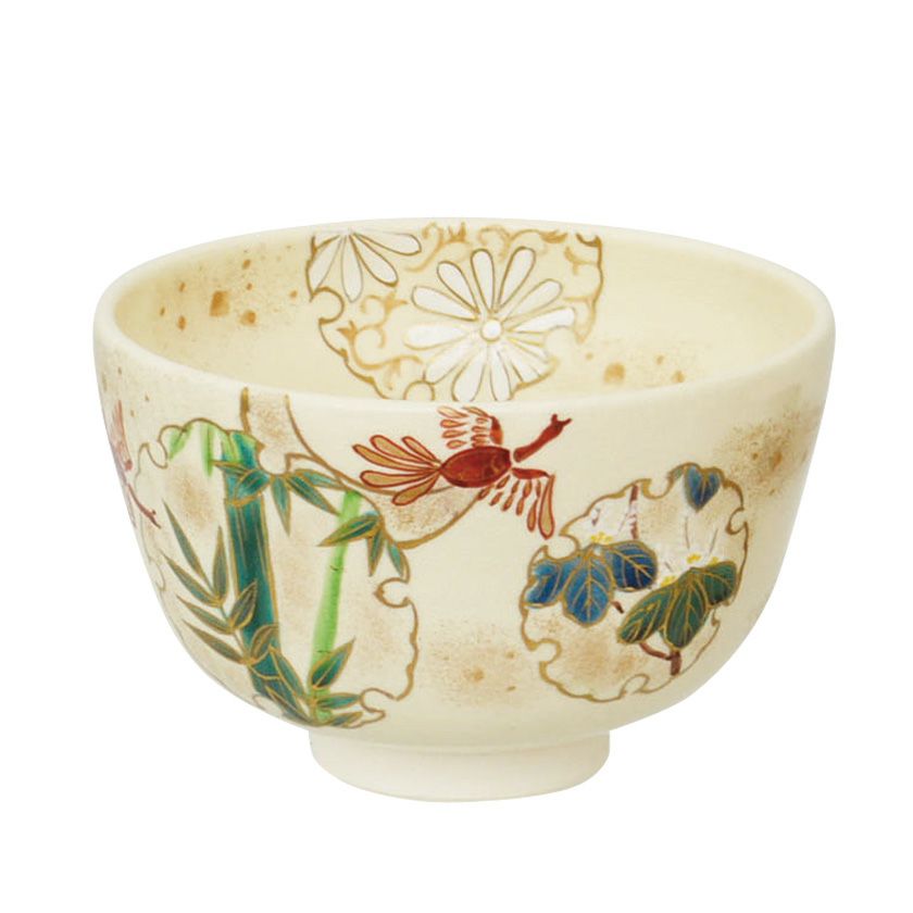 送料込【逢絢亭・新品】茶道具 茶碗 杣山焼 色絵 菊の図 杣山契月 共箱入り