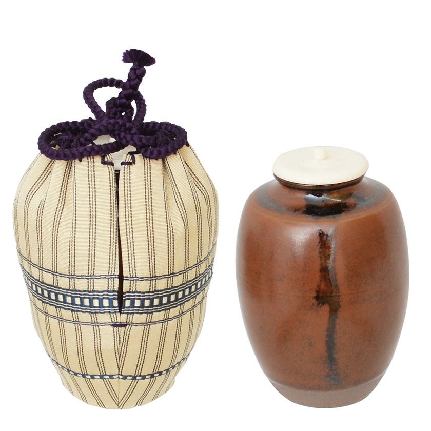 絵瀬戸肩衝胴締茶入 二重蔓牡丹唐草金補修済 茶道具