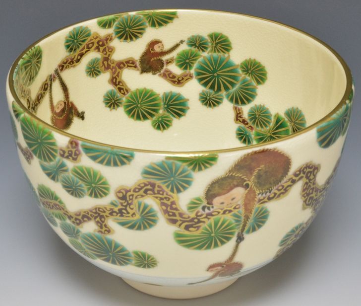 清閑寺杉田祥平色絵仁清燕子花画茶碗共箱