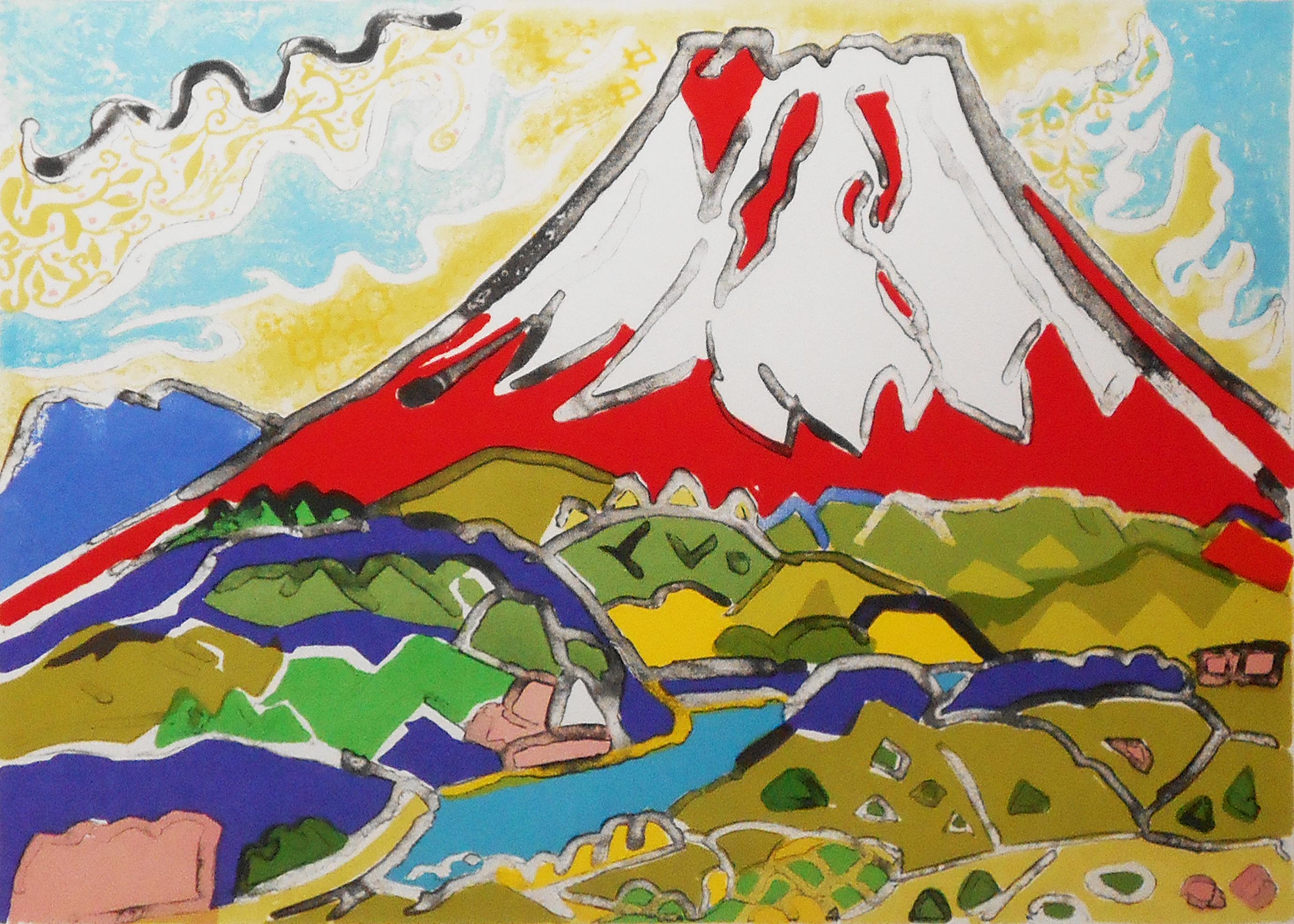 片岡珠子 風景画 手描き 6号 表裏サイン 印譜 額装 骨董 絵画 片岡球子