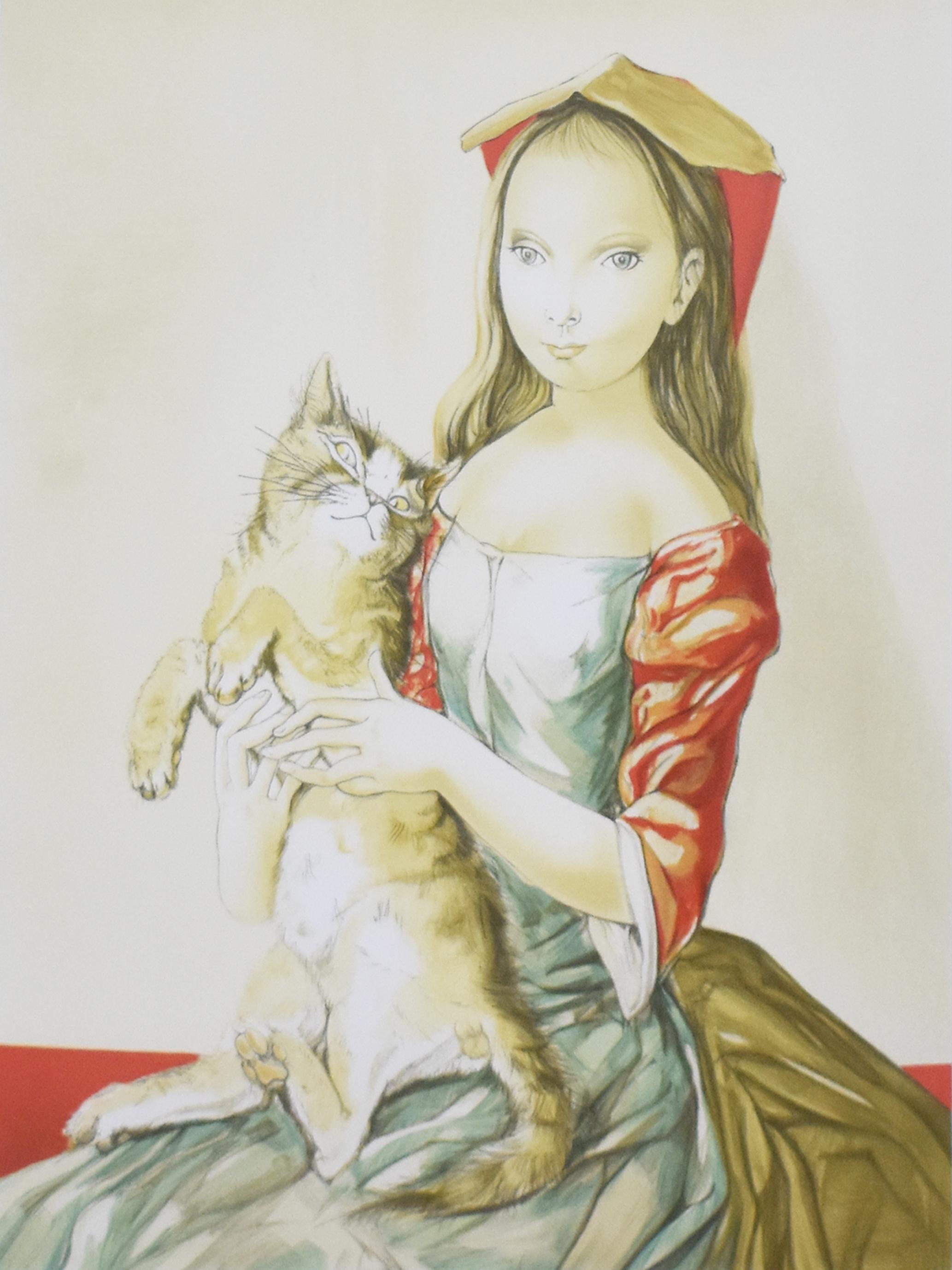 模写絵画 絵画 藤田嗣治 アクリル画 乳白色の裸婦と猫のいる幻想的