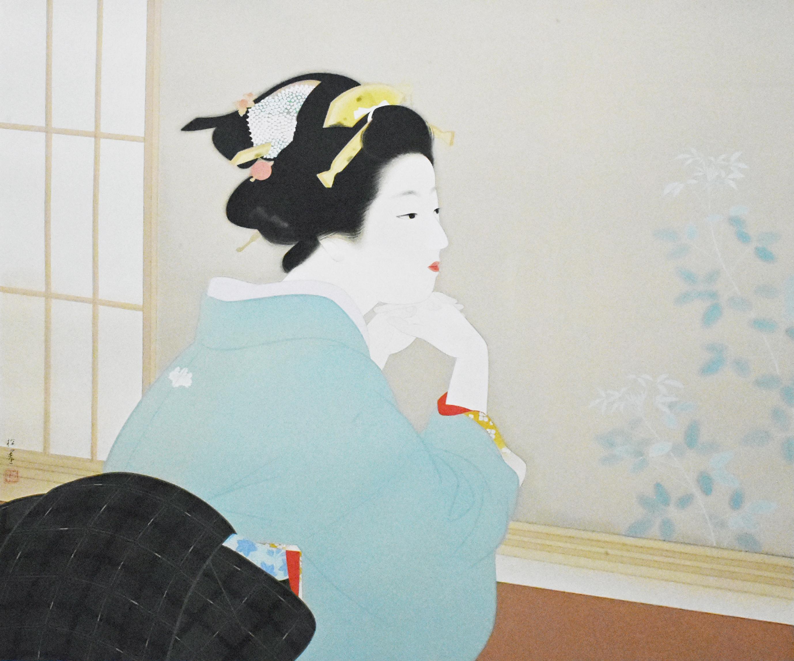 美品 掛け軸 上村松園筆「娘深雪」美人画 シルクスクリーン 足立美術館