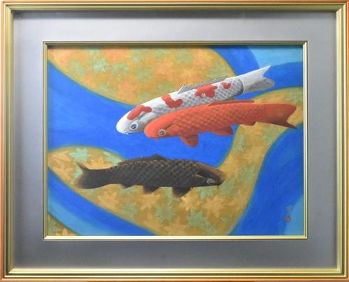 五十嵐 晴徳 日本画 鯉の絵 額・箱付き 五十嵐 晴徳 日本画 鯉の絵 額