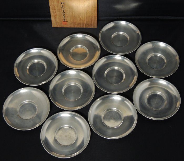 煎茶道具 松月造 純錫 蕉葉式 茶托 五客 合計約514g 箱付 V R7300