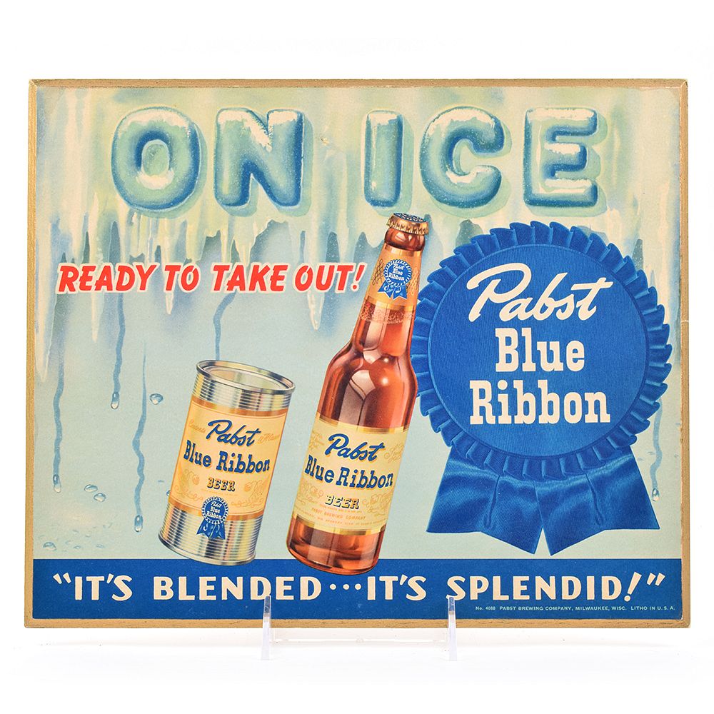 Pabst Blue Ribbon Beer 1940s Wood Laminated Sign ON ICE TAKE OUT