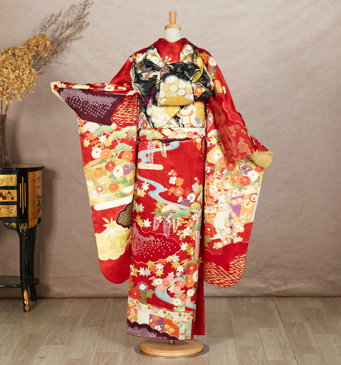 425 振袖フルセット 正絹 オフホワイト 白 金彩 駒刺繍 松竹梅 レトロ