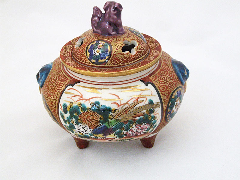 JAPAN】九谷焼 作家作品 谷敷正人 雅彩双鶴紋 香炉 JAPAN】九谷焼 作家