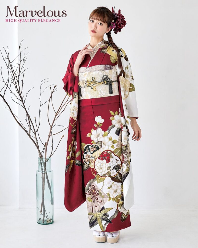 赤白染め分け椿柄レトロ振袖 25045｜ネットレンタルはおりえん