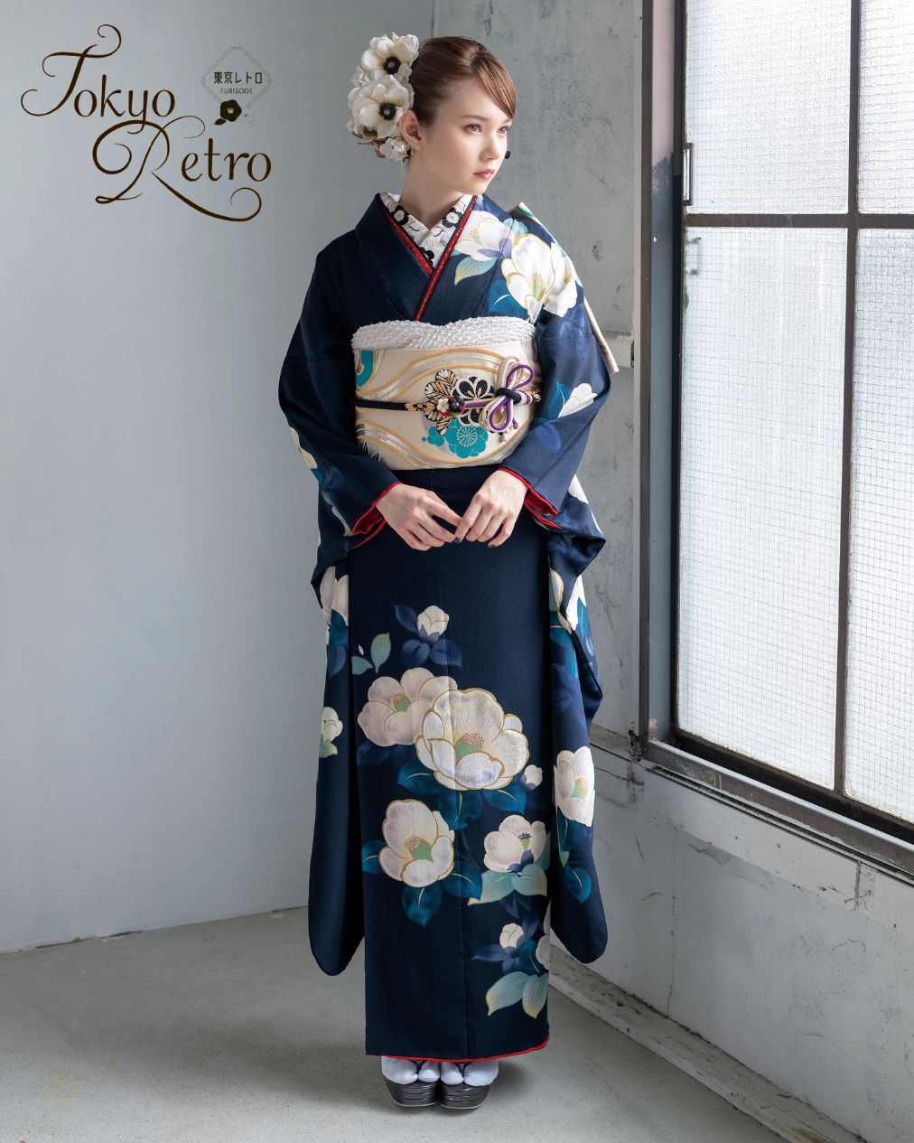 東京レトロ シンプルレトロ振袖（椿・刺繍／紺）22028 おりえん